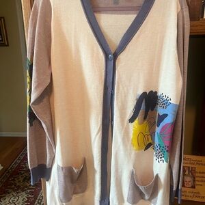 LOGO by Lori Goldstein Cream and Blue Artistic Cardigan